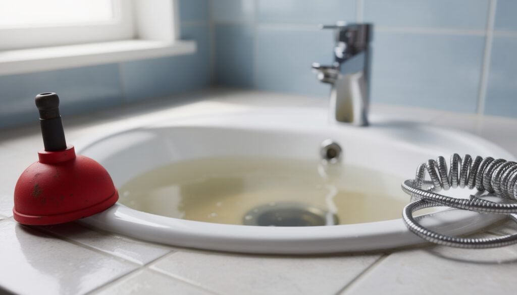 Verstopfter Abfluss im Waschbecken mit Pömpel und Rohrreinigungsspirale