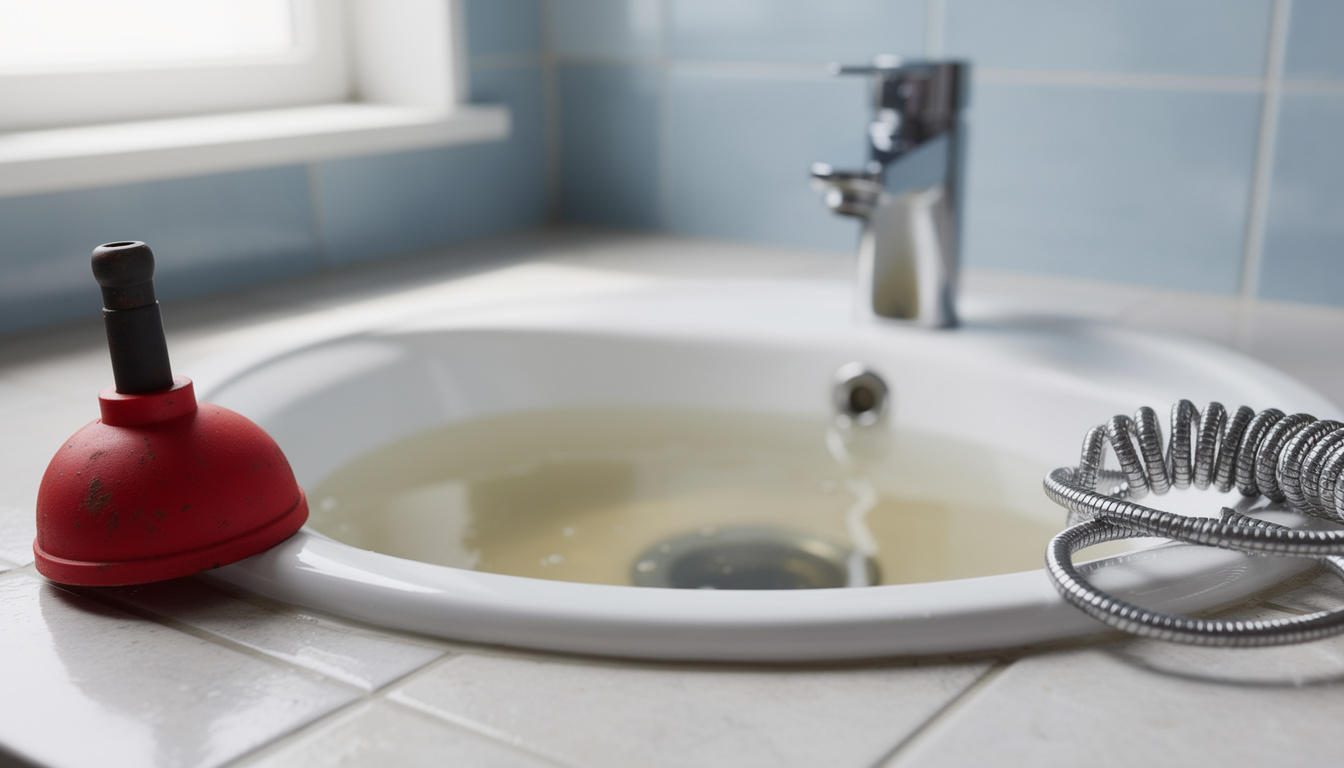 Verstopfter Abfluss im Waschbecken mit Pömpel und Rohrreinigungsspirale